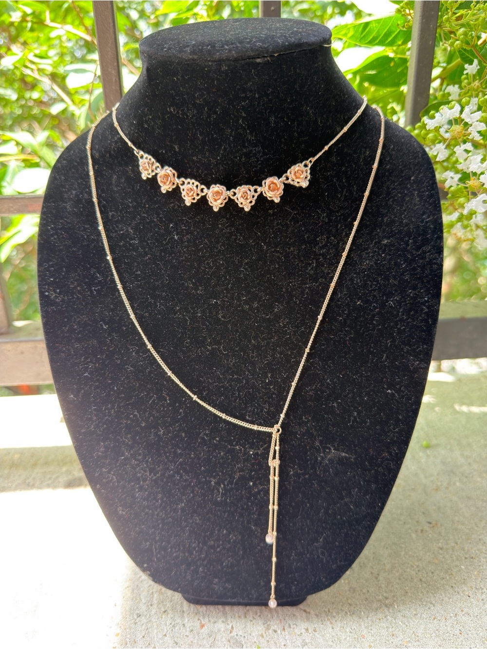 Minicci Pink Rose Choker with Gold Lariat Necklace